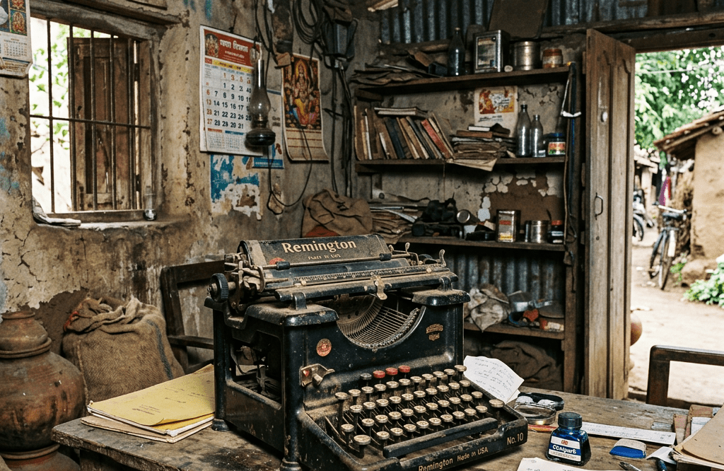 wooden desk with papers and ink bottle in rustic room