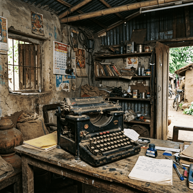 wooden desk with papers and ink bottle in rustic room