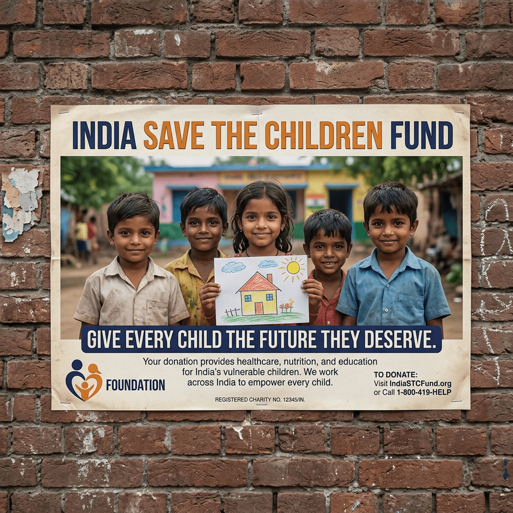 Five Indian children smiling, one holding a drawing of a house and sun in front of a building